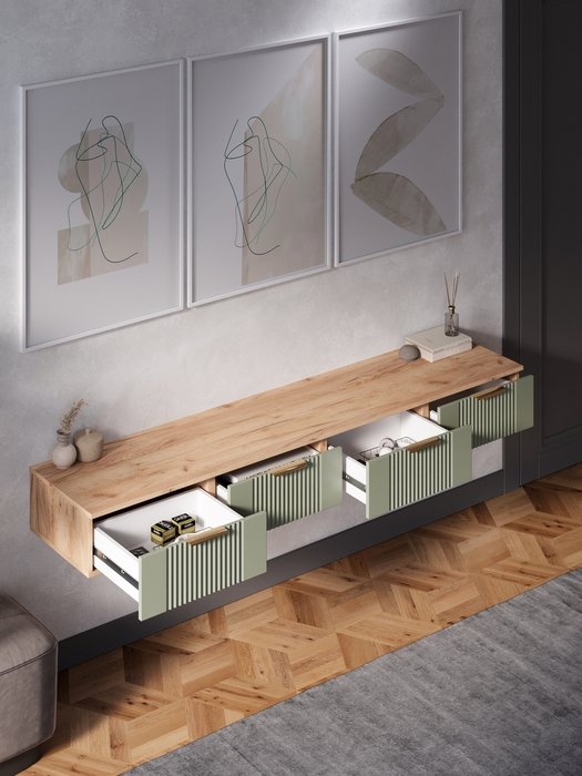 Подвесная тумба Ингрия Luxe 11 бежево-зеленого цвета - купить Тумбы для ТВ по цене 27280