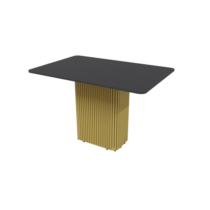 Раздвижной обеденный стол прямоугольный Trubis R Max 140 с металлическим золотым подстольем и чёрной столешницей