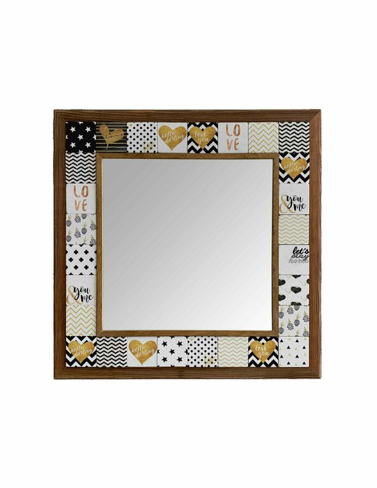 Настенное зеркало 43x43 с каменной мозаикой бело-черного цвета