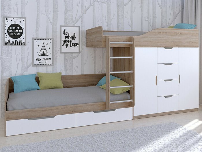 Двухъярусная кровать Астра 6 80х190 цвета Дуб Сонома-белый - купить Двухъярусные кроватки по цене 34900.0