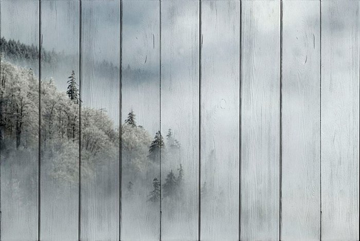 Картина на дереве Лес в тумане 30х40