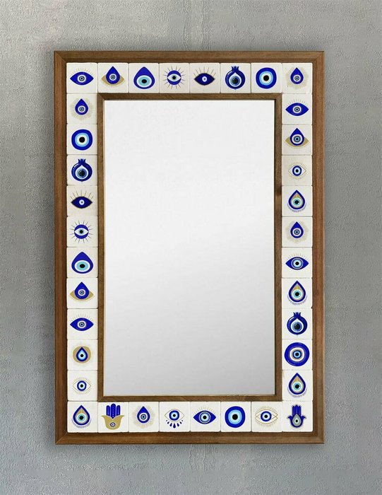 Настенное зеркало 43x63 с каменной мозаикой бело-синего цвета - купить Настенные зеркала по цене 22495.0