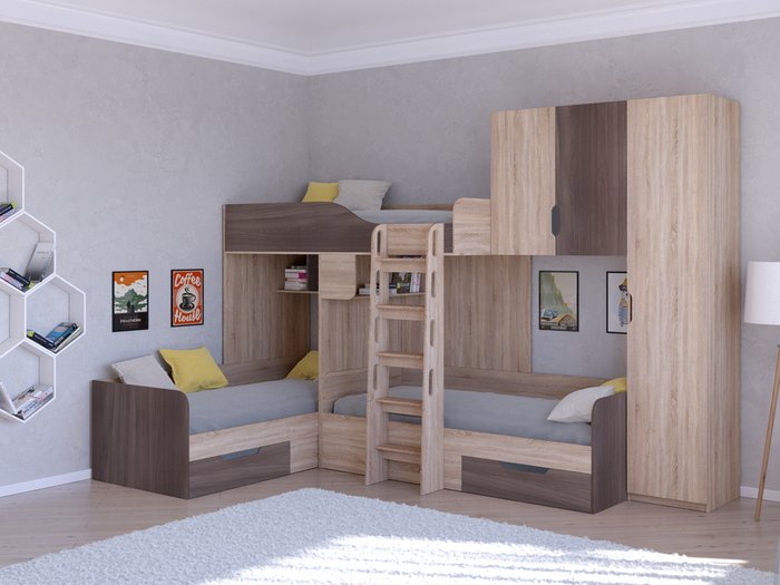 Двухъярусная кровать Трио 2 80х190 цвета Дуб Сонома-Дуб шамони - купить Двухъярусные кроватки по цене 49950.0