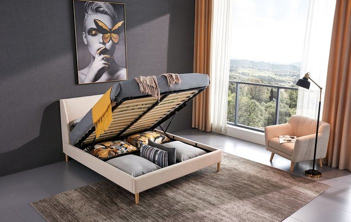 Кровать с подъемным механизмом Carrera 140x200 бежевого цвета - купить Кровати для спальни по цене 43572.0