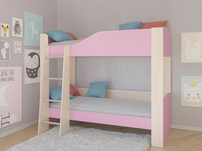 Двухъярусная кровать Астра 2 80х190 цвета Дуб молочный-розовый - купить Двухъярусные кроватки по цене 16900.0