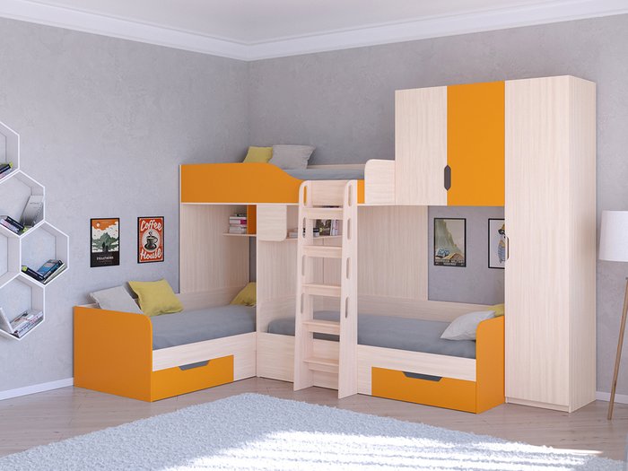 Двухъярусная кровать Трио 2 80х190 цвета Дуб молочный-оранжевый - купить Двухъярусные кроватки по цене 45400.0