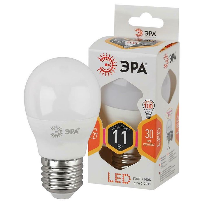 Лампа светодиодная ЭРА E27 11W 2700K матовая LED P45-11W-827-E27 - лучшие Лампочки в INMYROOM