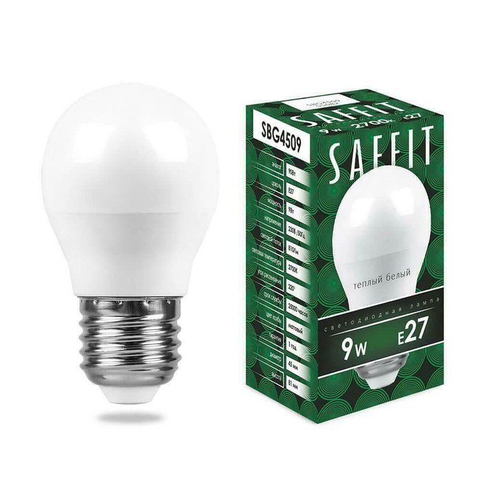 Лампа светодиодная Saffit E27 9W 2700K Шар Матовая SBG4509 55082 Лампа светодиодная Saffit E27 9W 2700K Шар Матовая SBG4509 55082
