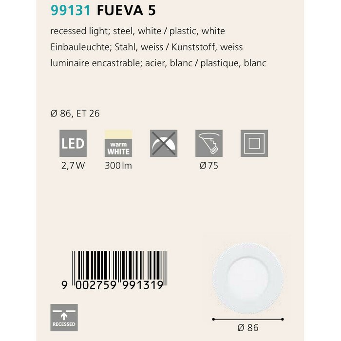 Светильник точечный Fueva белого цвета - купить Встраиваемые споты по цене 790.0