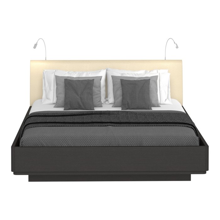 Кровать Элеонора 140х200 с изголовьем бежевого цвета и двумя светильниками 