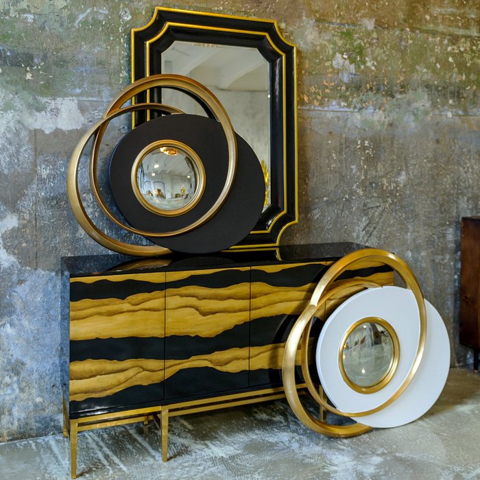 Декоративное настенное зеркало Пеллегрино / Ночь (fish-eye) в черно-золотистой раме - купить Настенные зеркала по цене 40000.0