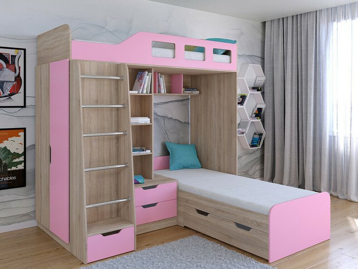 Двухъярусная кровать Астра 4 80х195 цвета Дуб Сонома-розовый - купить Двухъярусные кроватки по цене 34900.0