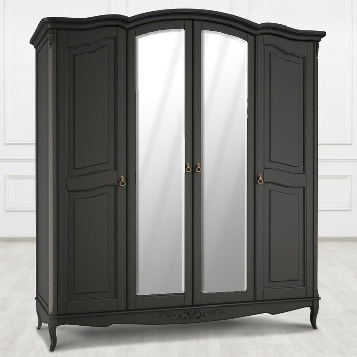 Шкаф четырехдверный Akrata черного цвета с эффектом старения и зеркалом   - купить Шкафы распашные по цене 218008.0