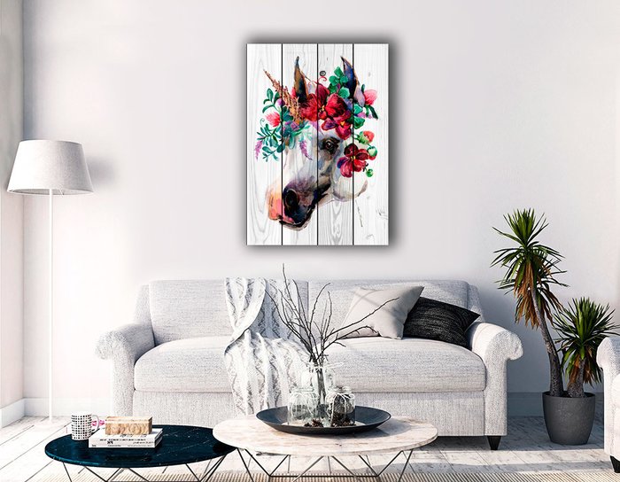 Картина на дереве Лошадь в венке 90х60 - купить Картины по цене 5900.0