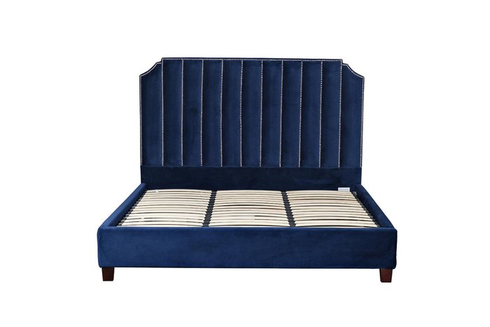 Кровать двуспальная с высоким изголовьем из синего велюра 180х200
