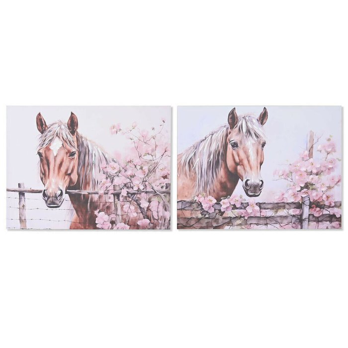 Картина Бежевый Розовый Полотно Деревянный MDF Лошадь Shabby Chic 80 x 2,5 x 60 cm (2 штук)
