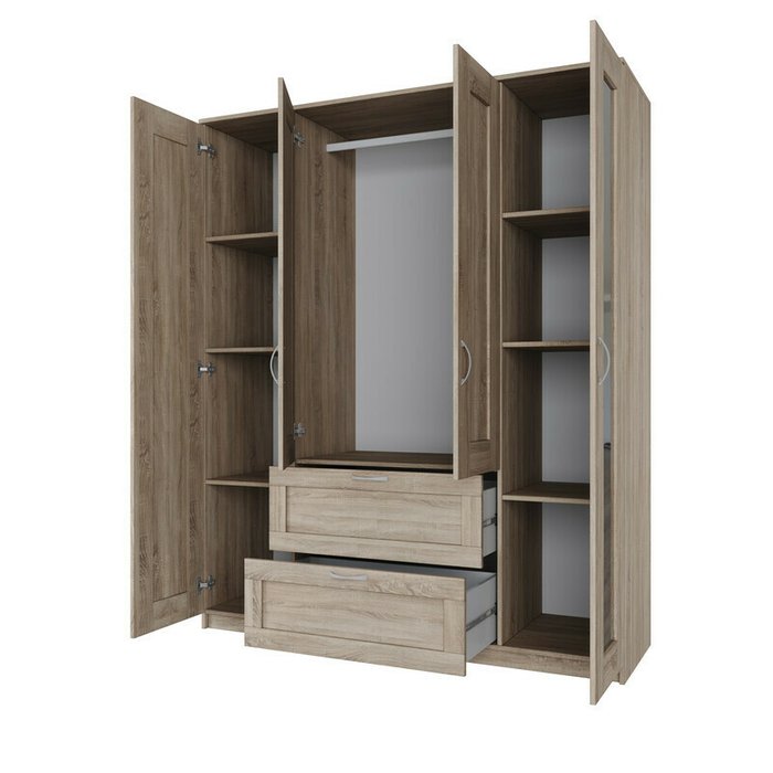 Шкаф четырехдверный с выдвижным ящиком и двумя зеркалами Сириус бежевого цвета - купить Шкафы распашные по цене 27999.0