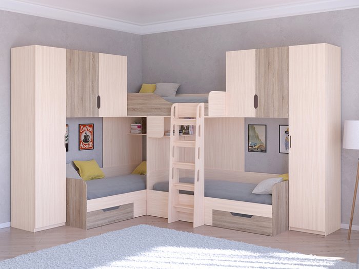 Двухъярусная кровать Трио 3 80х190 цвета Дуб молочный-Дуб Сонома - купить Двухъярусные кроватки по цене 58400.0