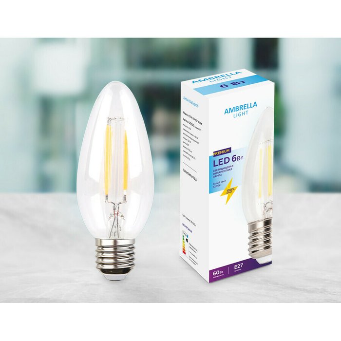 Светодиодная филаментная лампа 220V E27 6W 800Lm 4200K (нейтральный белый) формы свечи - купить Лампочки по цене 185.0