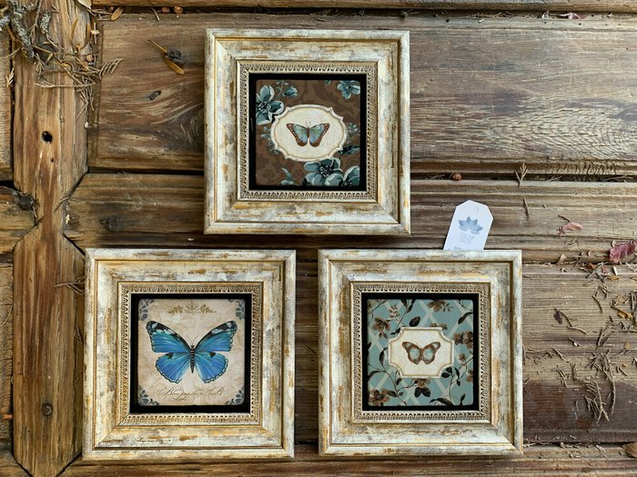 Набор из трех картин на камне Бабочки 20x20 3CDD-86 в раме серо-бежевого цвета - купить Картины по цене 9959.0