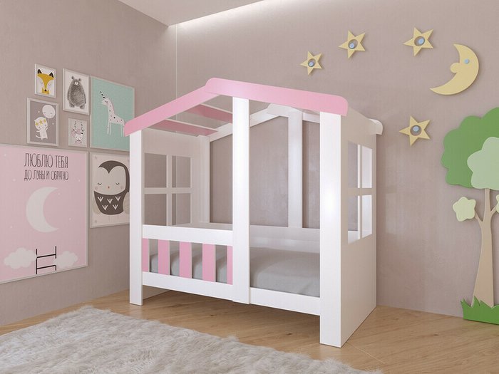 Кроватка Астра Домик 80х160 бело-розового цвета  - купить Одноярусные кроватки по цене 16630.0