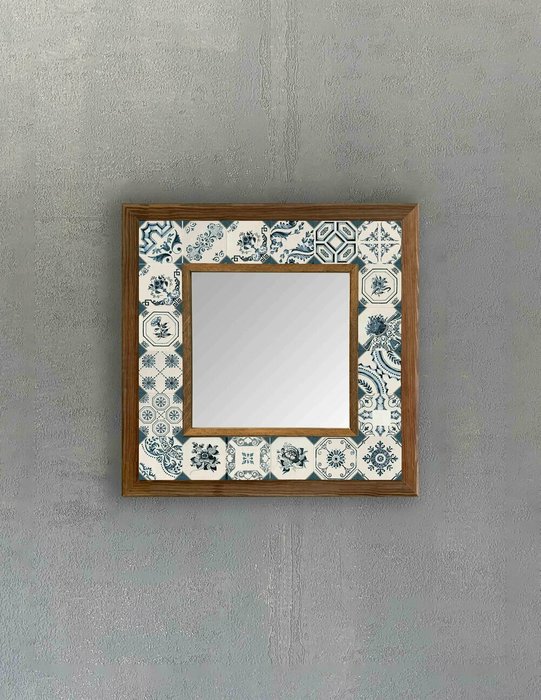 Настенное зеркало 33x33 с каменной мозаикой бело-синего цвета - купить Настенные зеркала по цене 9840.0