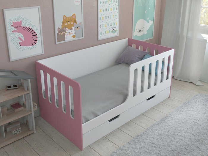 Кроватка Астра 12 80x160 бело-розового цвета с выдвижным ящиком  - купить Одноярусные кроватки по цене 13200.0