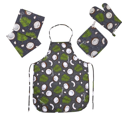 Набор для кухни 5 предметов 'Радушная хозяйка' (рукавичка, прихватка, декор.полотенце 2 шт, фартук) 'Кокосы серый' Набор для кухни 5 предметов 'Радушная хозяйка' (рукавичка, прихватка, декор.полотенце 2 шт, фартук) 'Кокосы серый'