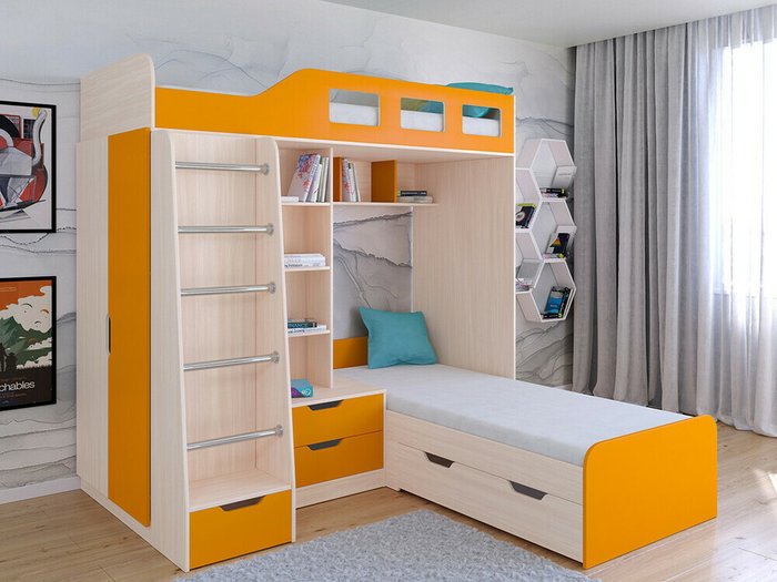 Двухъярусная кровать Астра 4 80х195 цвета Дуб молочный-Оранжевый - купить Двухъярусные кроватки по цене 34900.0