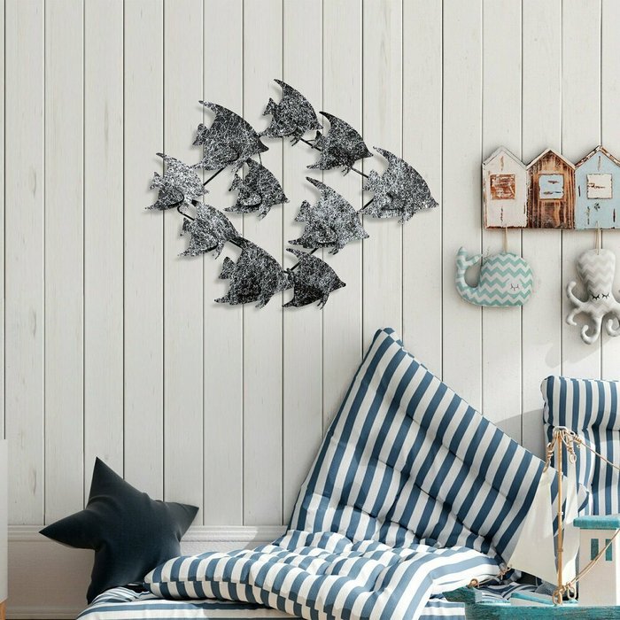 Настенный декор ручной работы Рыбы 47х55 из металла серо-черного цвета - лучшие Декор стен в INMYROOM