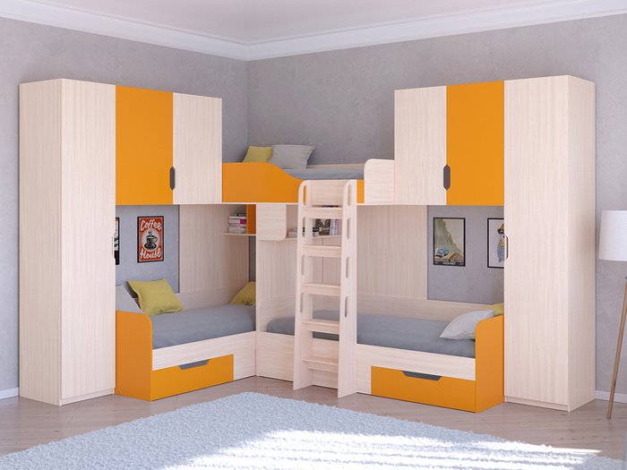 Двухъярусная кровать Трио 3 80х190 цвета Дуб молочный-оранжевый - купить Двухъярусные кроватки по цене 58400.0