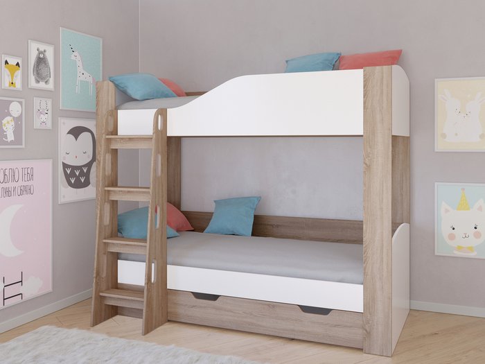 Двухъярусная кровать Астра-2 80х190 цвета Дуб сонома-Белый - купить Двухъярусные кроватки по цене 23100.0