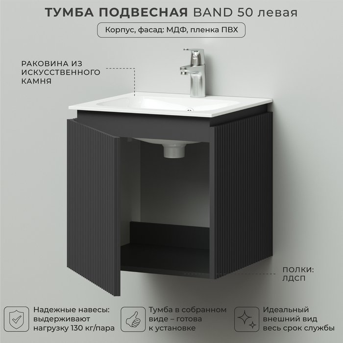 Подвесная тумба с раковиной Band 50 графитового цвета левая - лучшие Тумбы под раковину в INMYROOM