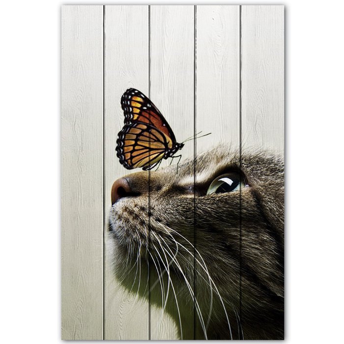 Картина на дереве Кошка и бабочка 40х60 см