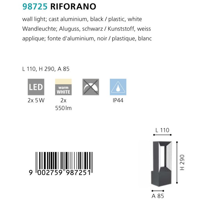 Уличный настенный светильник Riforano черного цвета - купить Настенные уличные светильники по цене 13190.0