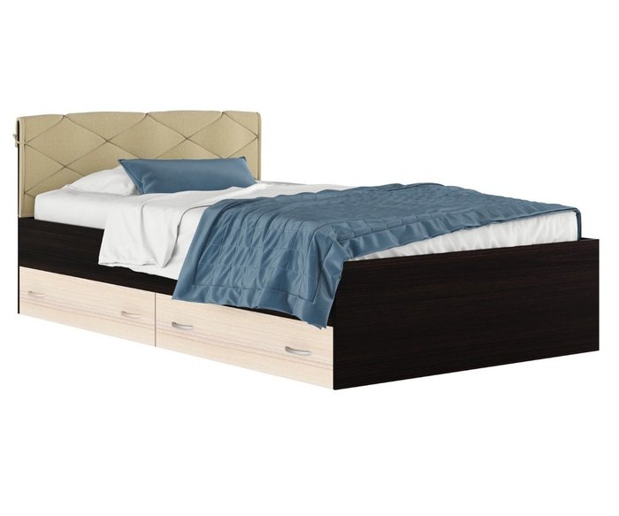 Кровать Виктория 120х200 бежево-коричневого цвета с матрасом и ящиками