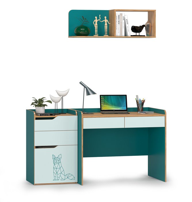 Стол письменный с комодом и полкой Гудвин зеленого цвета - купить Письменные столы по цене 15804.0
