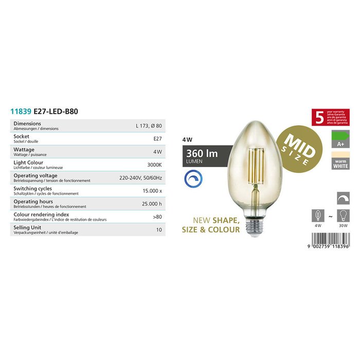 Диммируемая светодиодная лампа филаментная 220V B80 E27 4W (соответствует 30W) 360Lm 3000К (теплый белый)  - купить Лампочки по цене 539.0