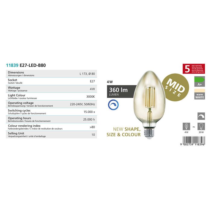 Диммируемая светодиодная лампа филаментная 220V B80 E27 4W (соответствует 30W) 360Lm 3000К (теплый белый) - купить Лампочки по цене 539.0 Диммируемая светодиодная лампа филаментная 220V B80 E27 4W (соответствует 30W) 360Lm 3000К (теплый белый) - купить Лампочки по цене 539.0