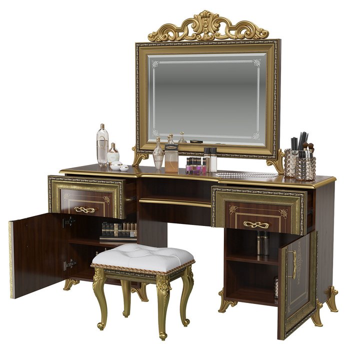 Стол туалетный с пуфом и зеркалом Версаль коричневого цвета - лучшие Туалетные столики в INMYROOM