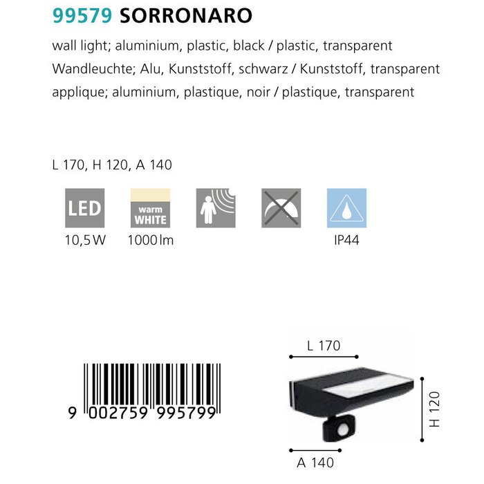 Уличный настенный светильник Sorronaro черного цвета - купить Настенные уличные светильники по цене 3990.0