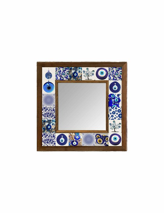 Настенное зеркало с каменной мозаикой 33x33 бело-синего цвета 