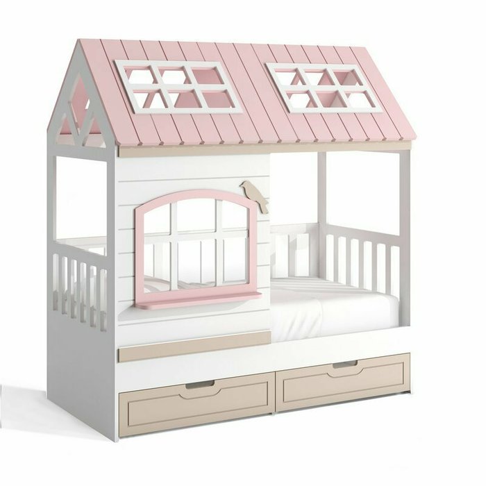 Кровать-домик Кошкин-дом 80х160 бело-розового цвета правая