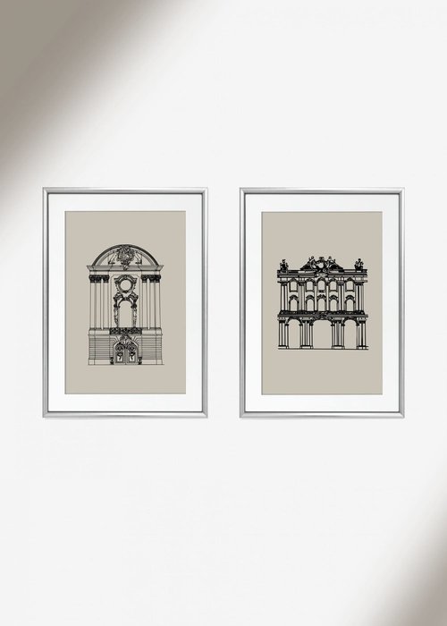 Набор из двух постеров Зимний дворец и Строгановский дворец в рамках серебряного цвета 