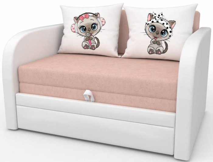 Детский диван-кровать Малыш розового цвета с белой экокожей