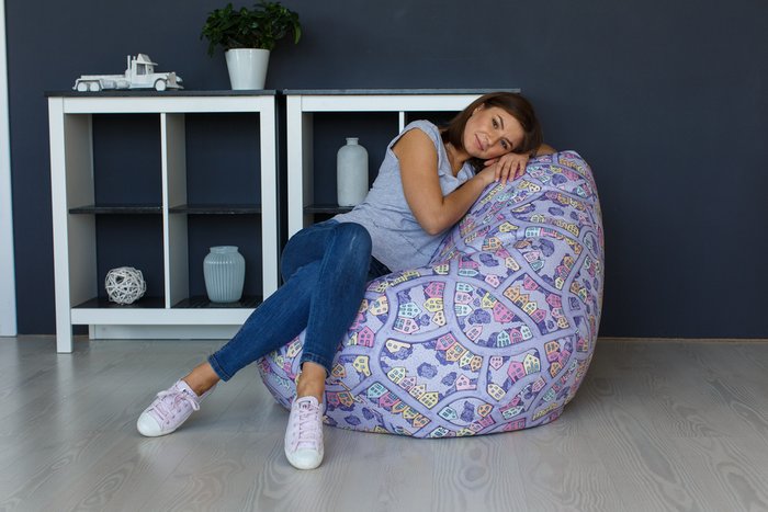 Кресло-мешок Груша XL Домики фиолетового цвета - лучшие Бескаркасная мебель в INMYROOM