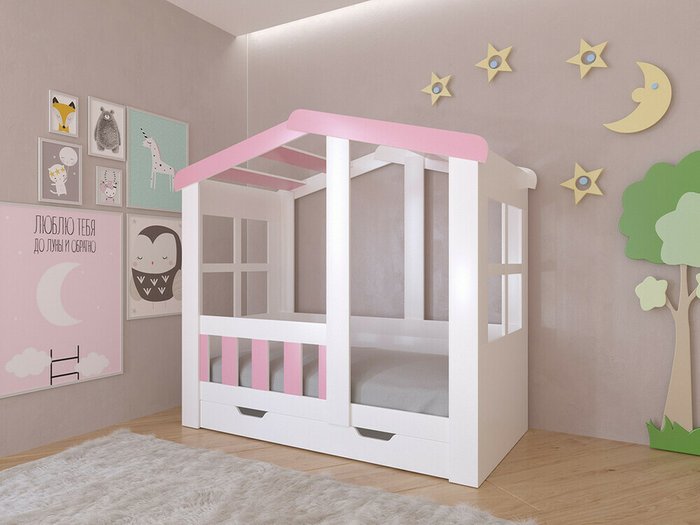 Кроватка Астра Домик 80х160 бело-розового цвета - купить Одноярусные кроватки по цене 19930.0