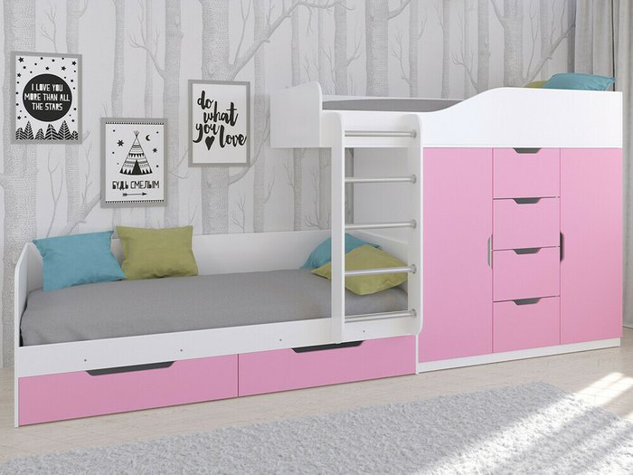 Двухъярусная кровать Астра 6 80х190 бело-розового цвета - купить Двухъярусные кроватки по цене 34900.0