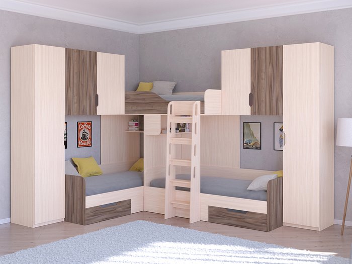 Двухъярусная кровать Трио 3 80х190 цвета Дуб молочный-Орех - купить Двухъярусные кроватки по цене 58400.0