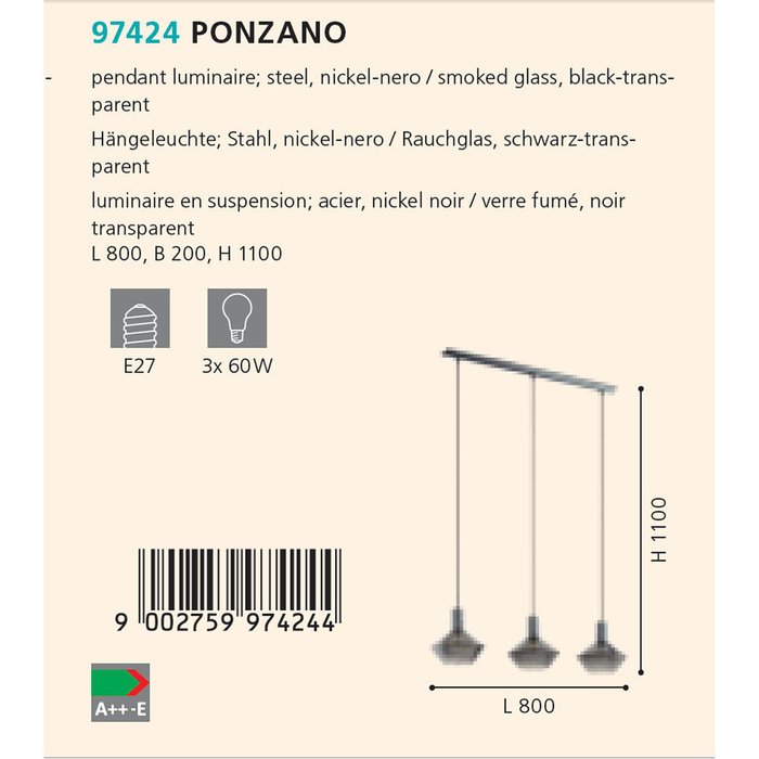 Подвесная люстра Ponzano черного цвета - купить Подвесные люстры по цене 5490.0